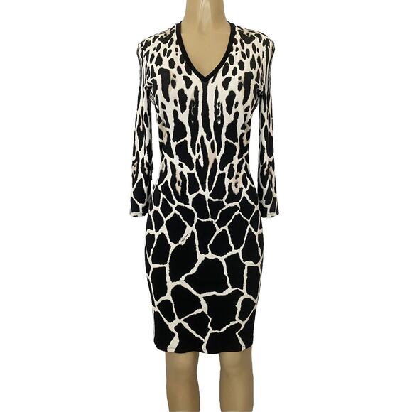NWOT Roberto Cavalli Dress Animal Print Giraffe 3/4 Sleeve V Neck Sheath… - Picture 1 of 12